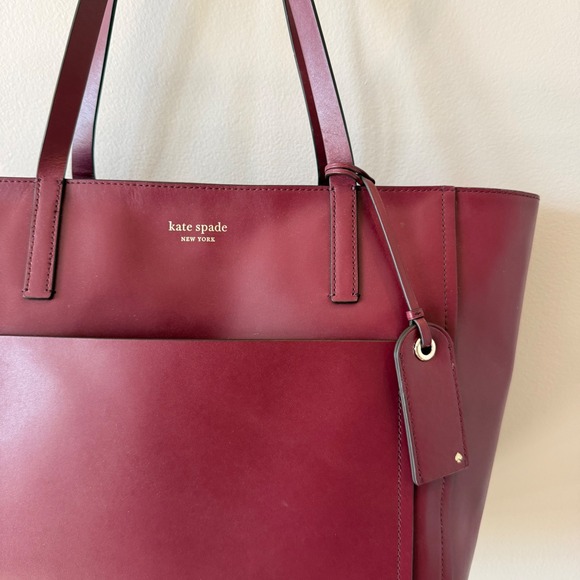 Kate Spade New York Burgundy Leather Large Tote Bag Minimalist Work Chic Preppy - Picture 2 of 15